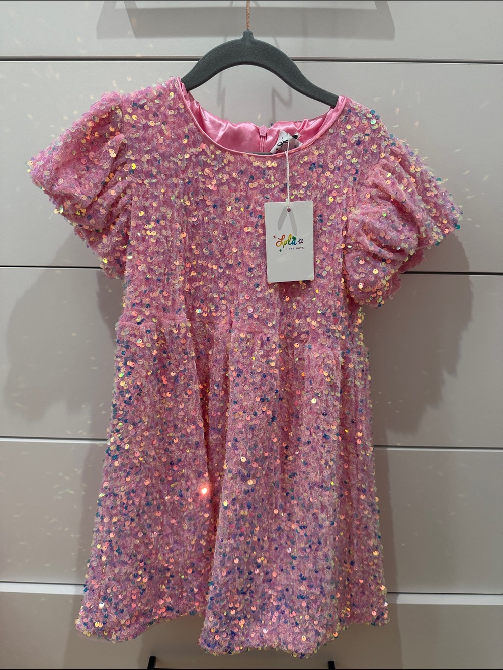 Lola + The Boys Pink Sequin Puff-Sleeve Party Dress